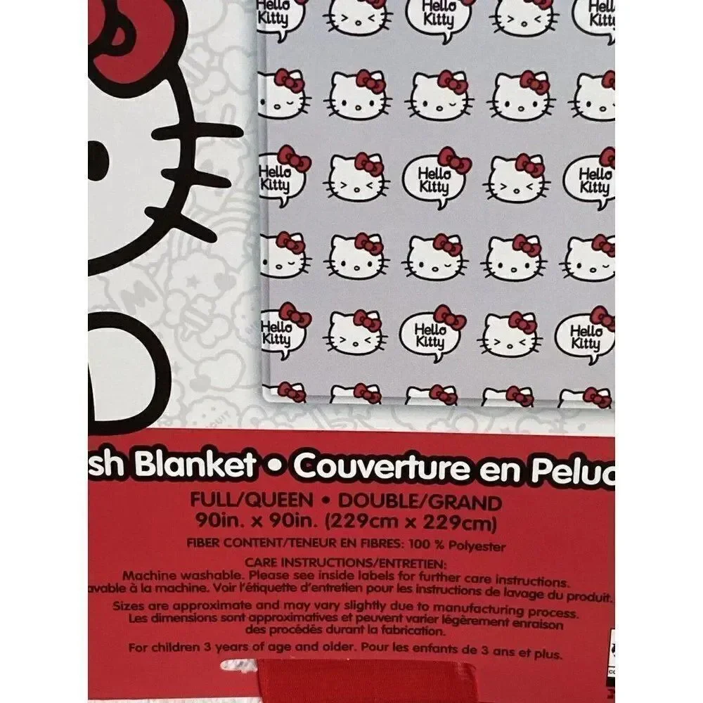 Hello Kitty Full Queen 90x90”‎ Soft Grey Talk Speech Bubble Plush Blanket NEW